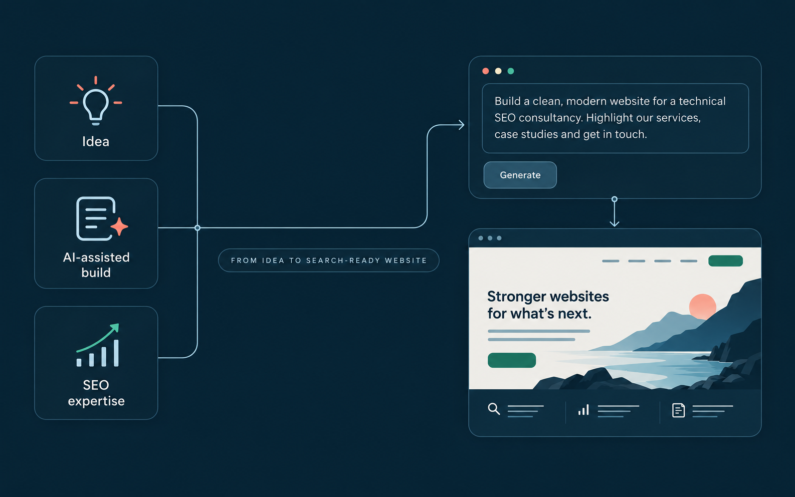 An idea, an AI-assisted build and SEO expertise connecting to a website prompt and a finished search-ready website.