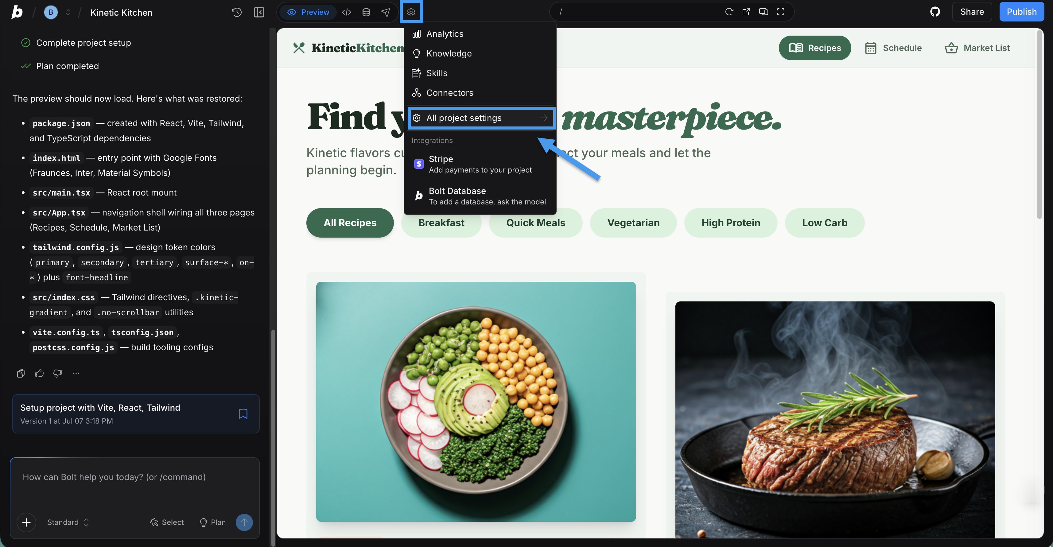 Bolt visual editor showing the prompt panel, website preview and project controls