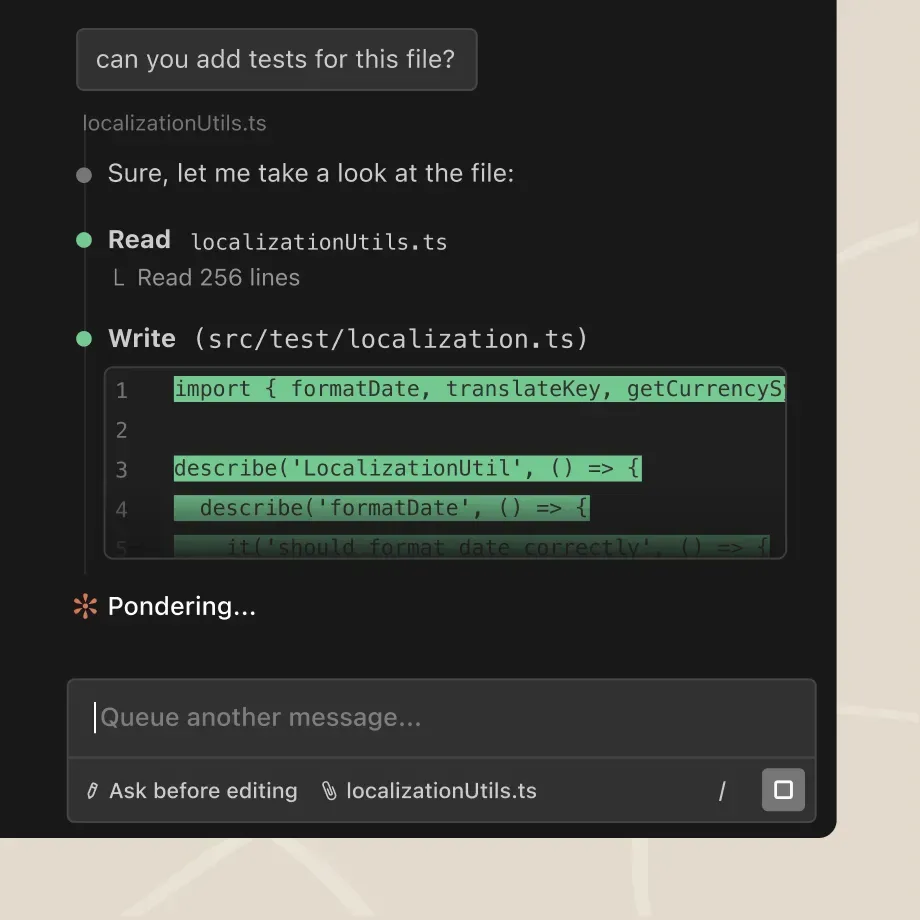 Claude Code reading a project file and creating tests for the code
