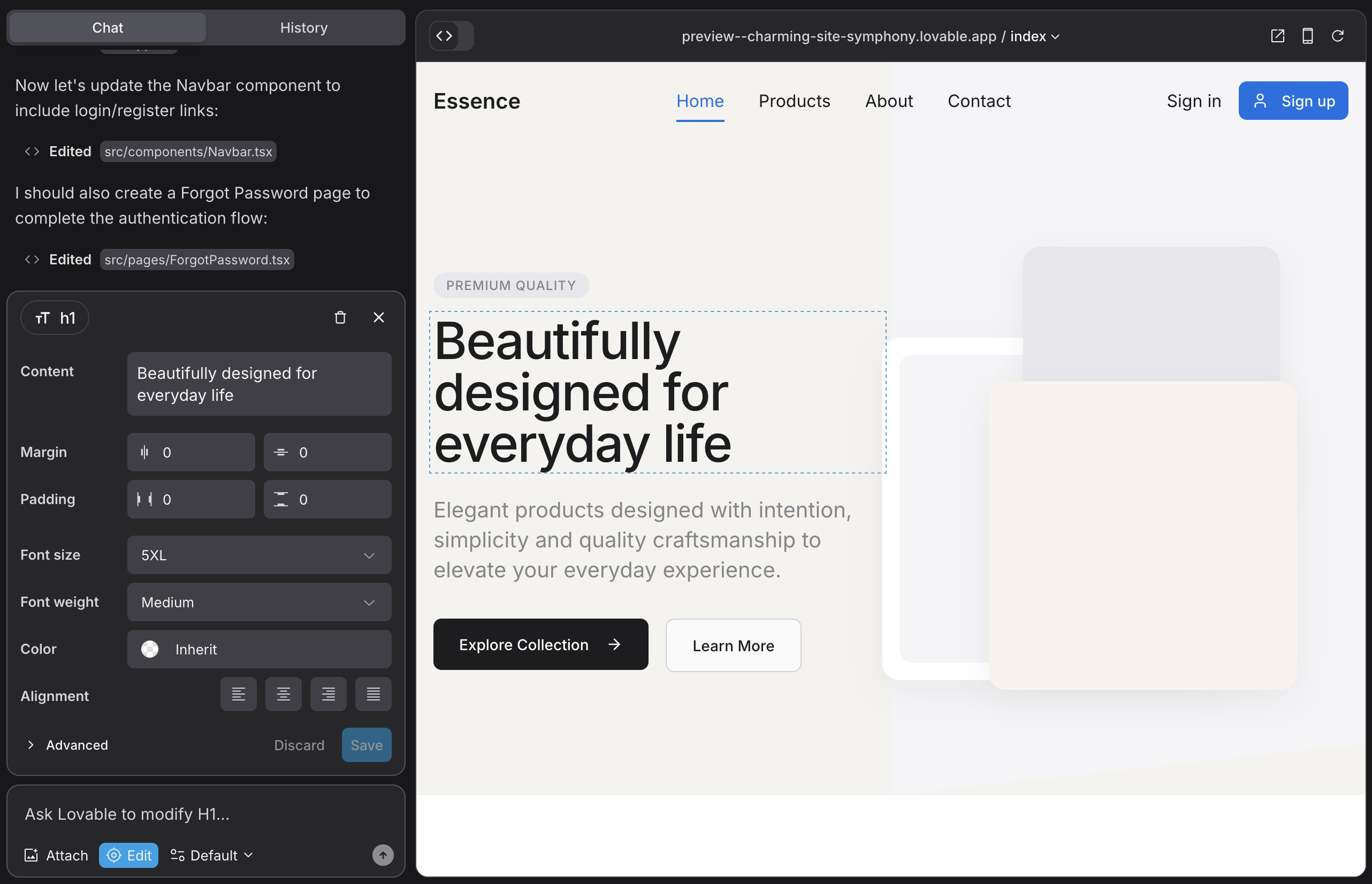 The Lovable visual editor showing style controls beside a live website preview