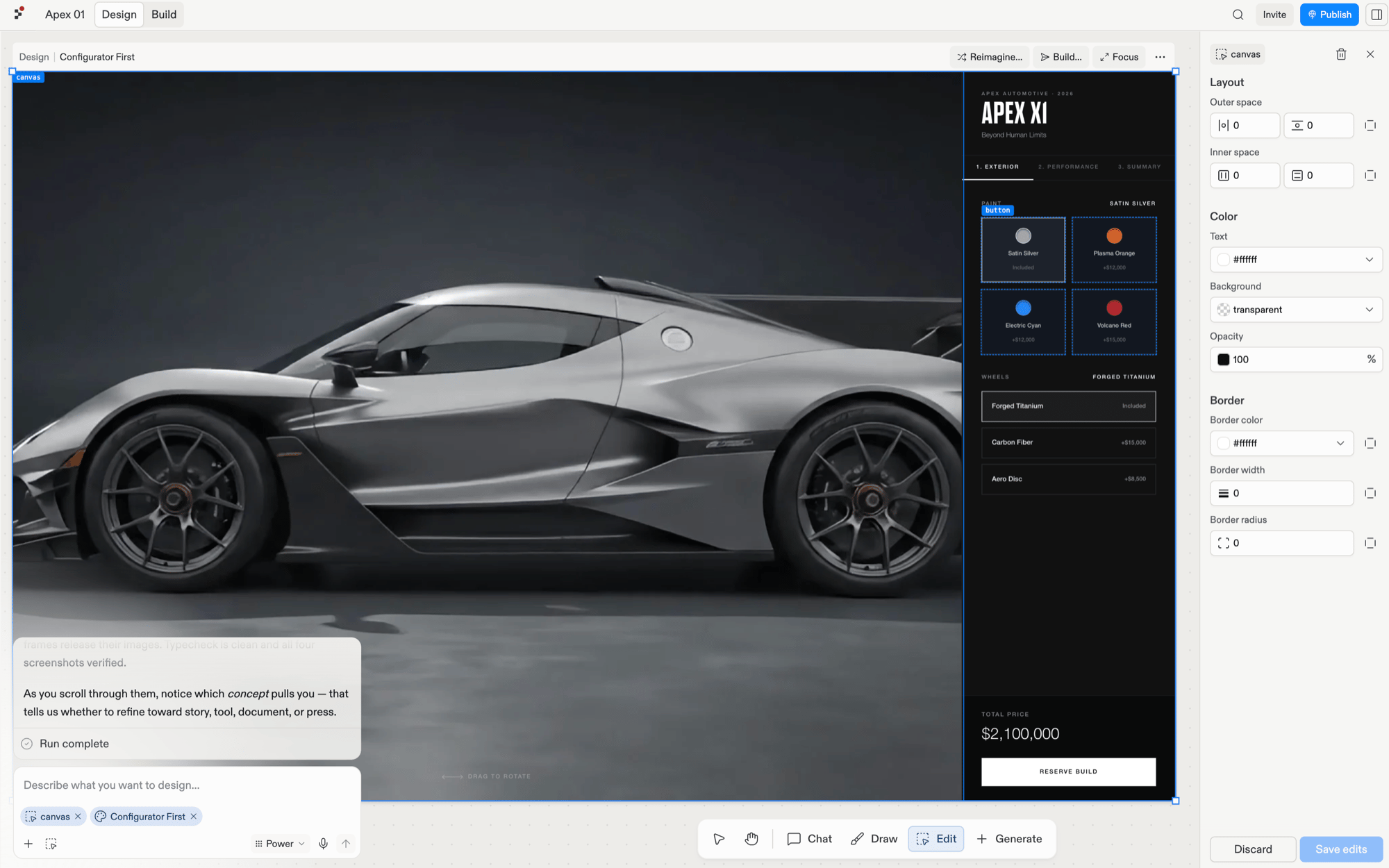 Replit Visual Editor showing a live website canvas and its layout, colour and border controls