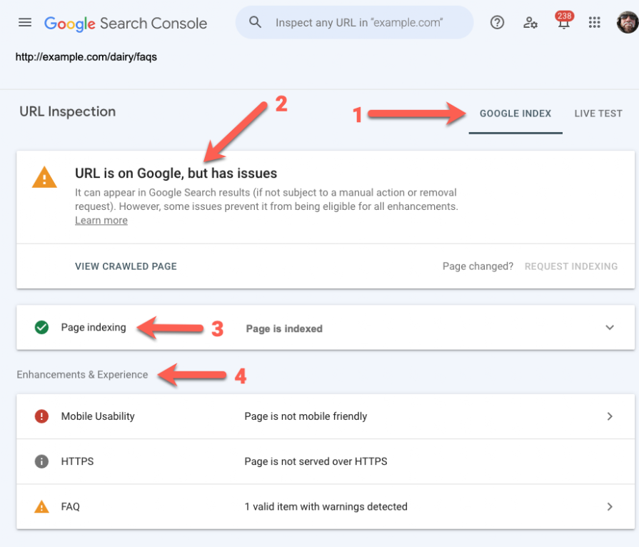 Google Search Console URL Inspection report showing page indexing details
